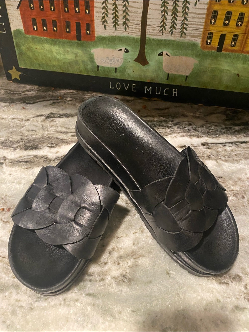 Frye Black Braided Leather Slide Sandals